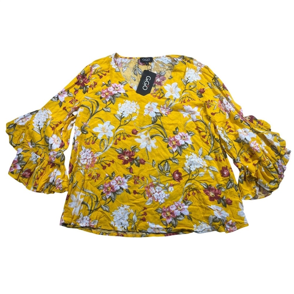 GIGIO USA Womens Large NWT Yellow Floral Blouse 100% Rayon Bell Sleeve Boho Top